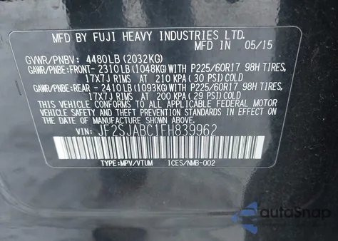 2015 Subaru Forester 2.5I из США, поврежденный, VIN JF2SJABC1FH839962